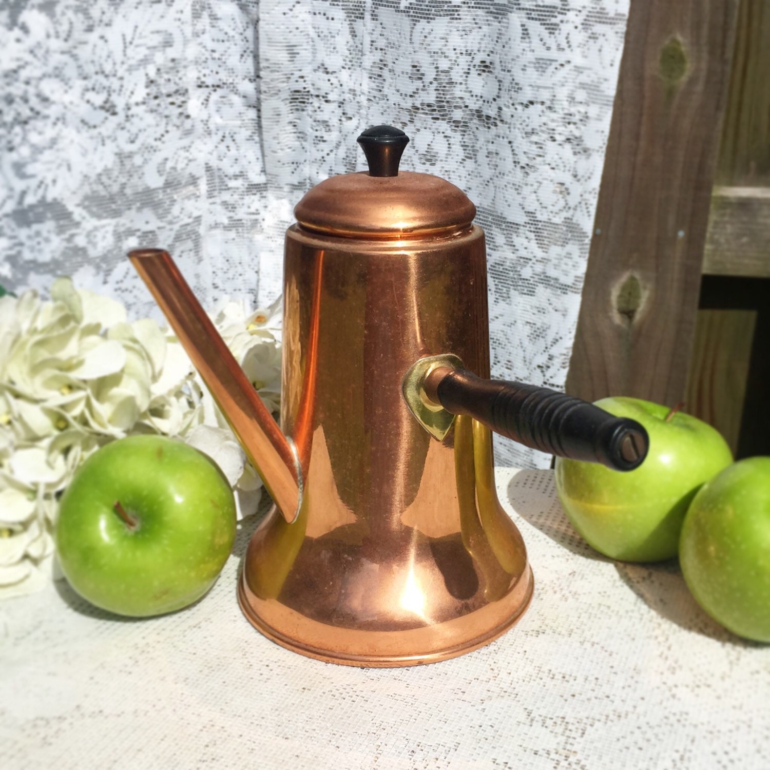 Copper Turkish Coffee Pot Kettle Tea Wood Handle Mid
