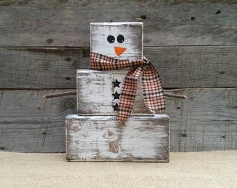 Rustic Wooden Snowman, Christmas Decor, Block Snowman, Reclaimed Distressed Wooden Snowman, Primitive Christmas, Winter Decor, Free Shipping