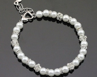 Flower girl bracelet,teen girl pearl bracelet,small pearl bracelet,junior bridesmaid bracelet,crystal bracelet,bridal rhinestone bracelet