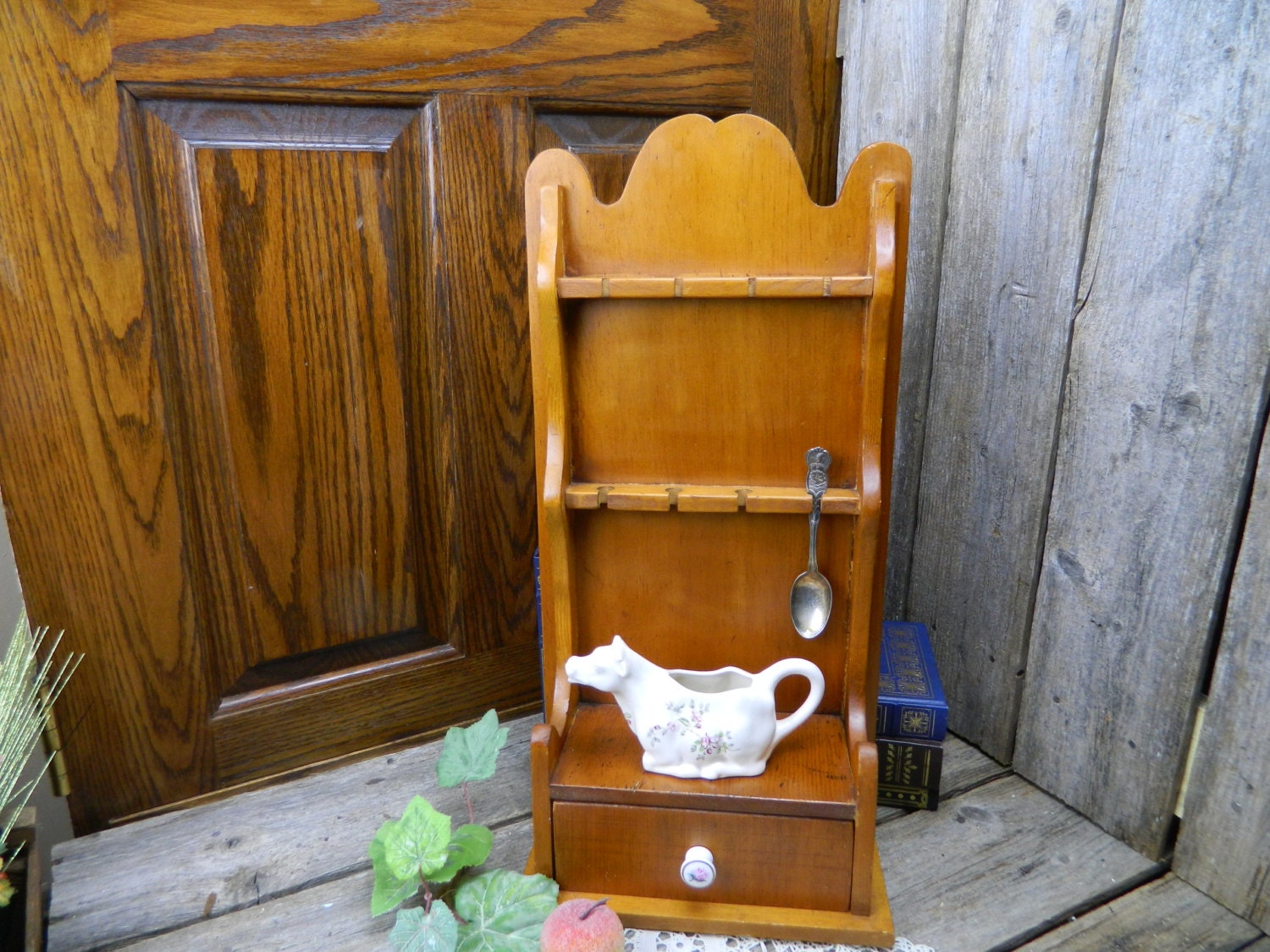 Vintage Wood Collector Spoon Rack Display With Drawer