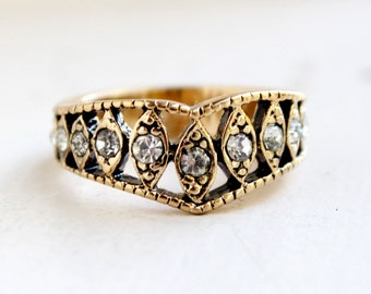 Vintage Edwardian Ring Antique Gold Tone with Clear Austrian Crystals Made in USA #R1288