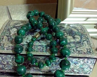 Statement Necklace ,Boho Necklace, Handknotted Green Malachite Necklace Vintage Beads 22" African Malakite Necklace