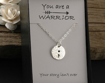 Semicolon Necklace, Semicolon Jewelry, You are a warrior, sterling silver hammered disc