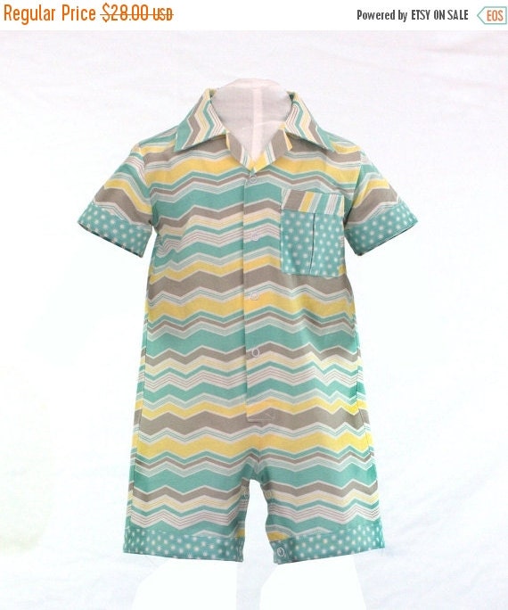 Baby Boy Romper Jumper Shortall in Aqua Yellow and Gray by JTTogs