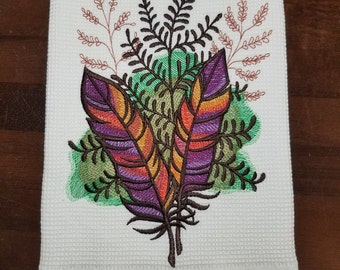 Autumn Equinox Feathers Embroidered Waffle Weave Kitchen Towels - Ready to Ship