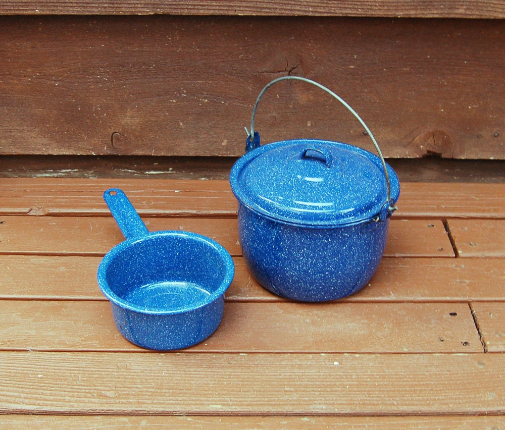 Blue Enamel Pot with Lid and Small Pan Vintage Blue Speckle