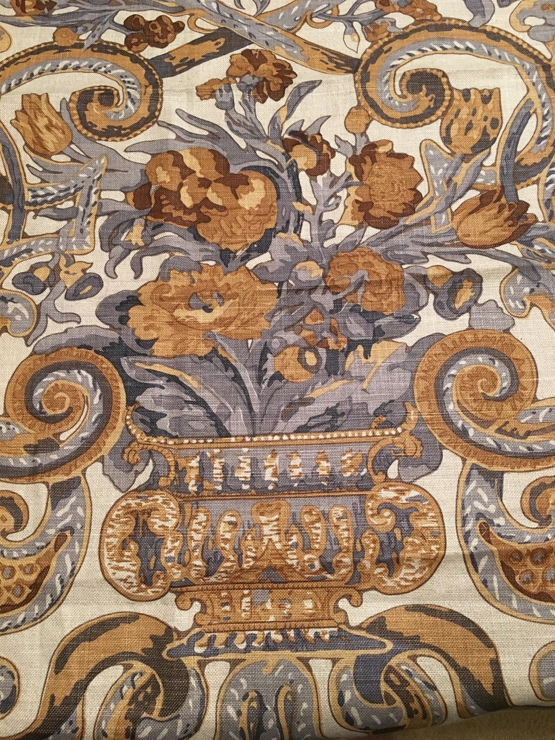 Thibaut Fabric Blue Toile Vases 1 yard 100 Linen FREE