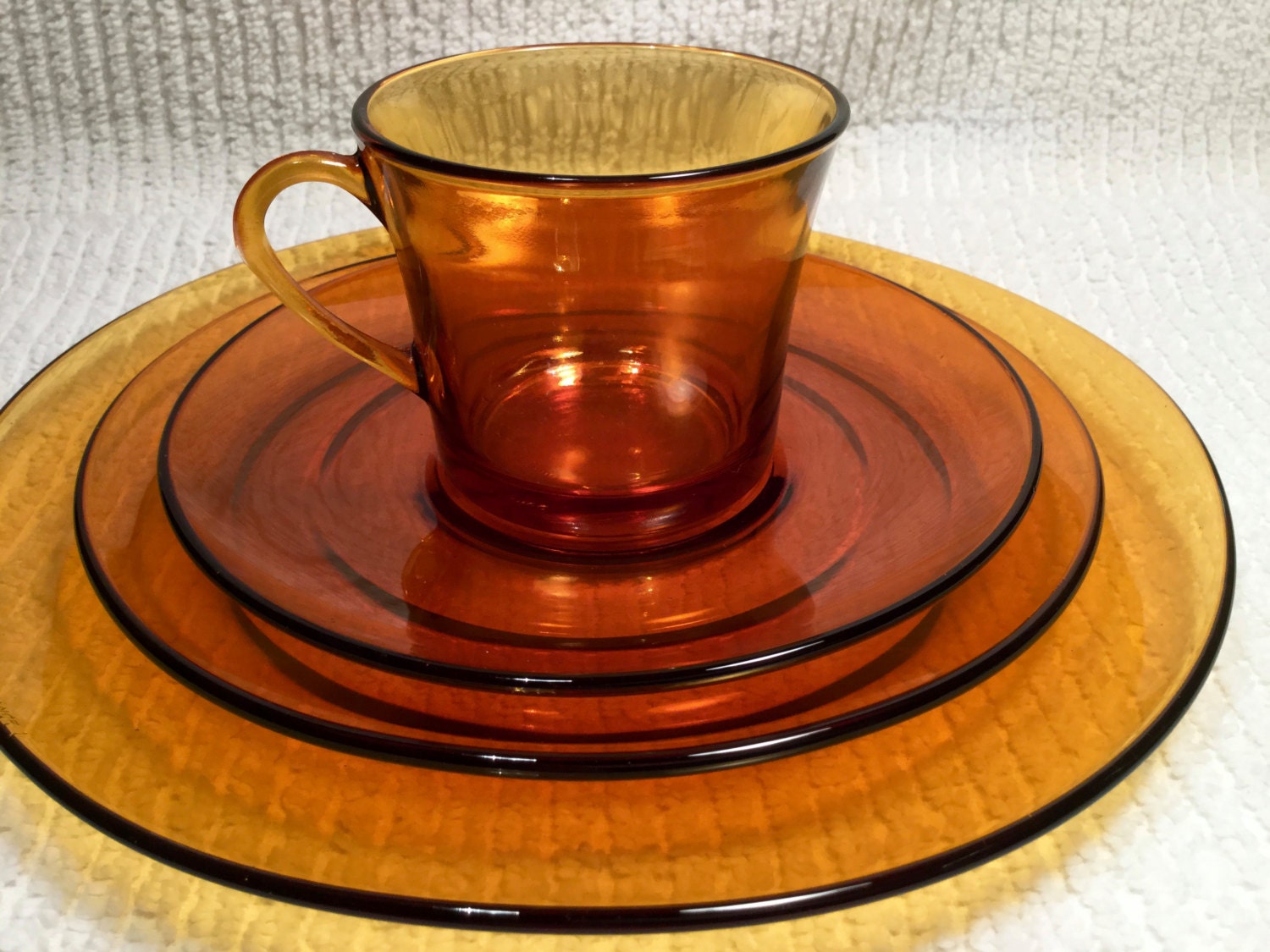 Retro Duralex Amber Dinnerware Set from France. Cup