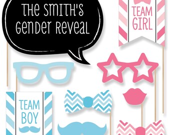 20 Chevron Gender Reveal Photo Booth Props with Mustache, Hats, Bow Ties and Custom Talk Bubble - Pink and Blue Baby Shower Gender Reveal