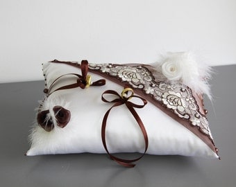 Cushion ring cushions with lace flowers feathers pearls and ribbons