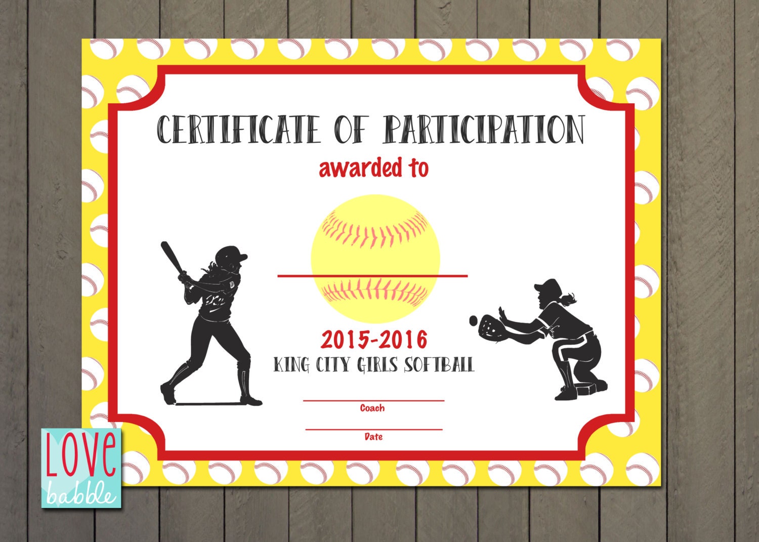 Girls Softball Baseball T ball Award Certificate PRINTABLE