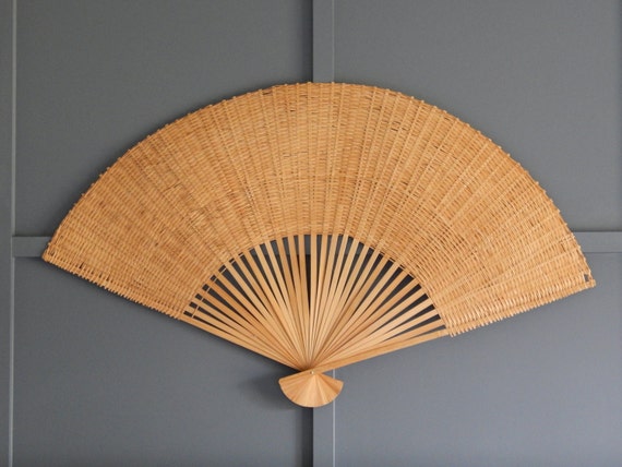 Vintage Large Decorative Woven Fan / Wood / by