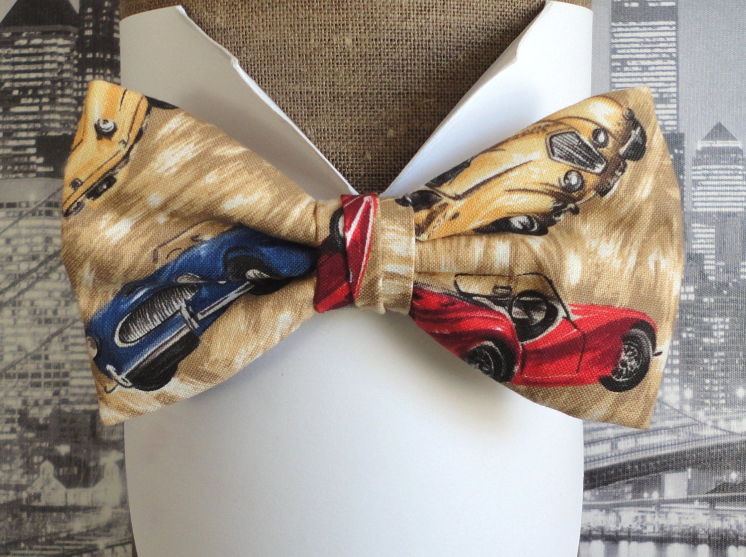 Bow Tie Bow Ties For Men Classic Cars on a Beige Background