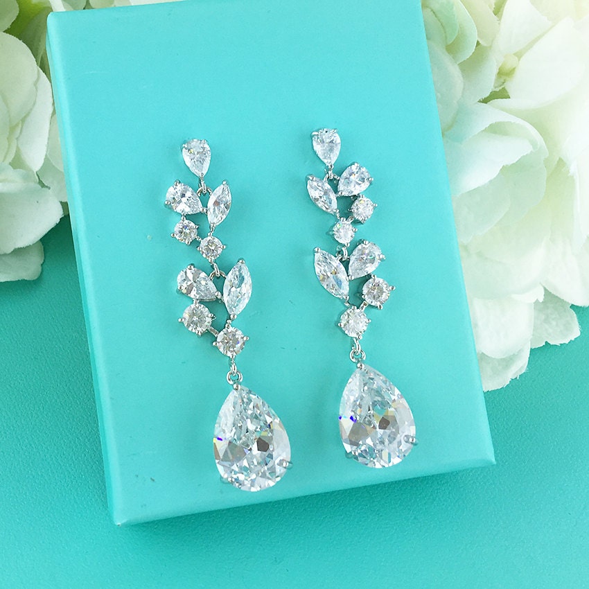 Long CZ earrings pear cubic zirconia CZ jewelry wedding