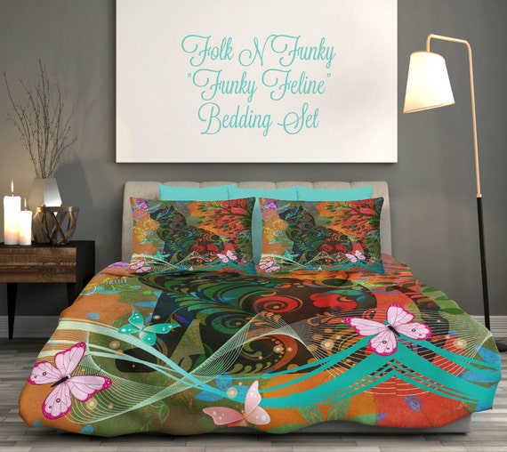 BeddingFunky Boho Floral Cat Duvet Cover Set Twin by FolkandFunky