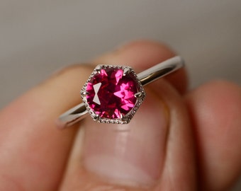 Lab Ruby Ring Solitaire Ring Sterling Silver