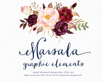 Watercolor floral Clip Art-Marsala Graphic Elements/Individual PNG files/Hand Painted/Wedding design/Bohemian/Boho/Rustic