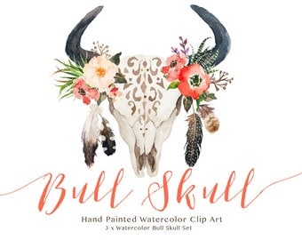 Watercolor bull skull set/Wedding/Clip art collection/Individual PNG files/Hand Painted/boho style/rustic