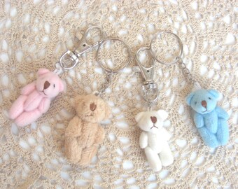 Tiny Fabric Teddy Bear Bag Clips & Key-rings. Little Girl Gift Idea. Pink, Blue, White, Book Bag Clips, Keychains. Cute Accessories.