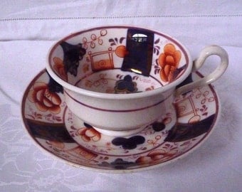Antique Early-Mid 19thc. Gaudy Welsh Tea Cup and Saucer 'Buckle' Pattern