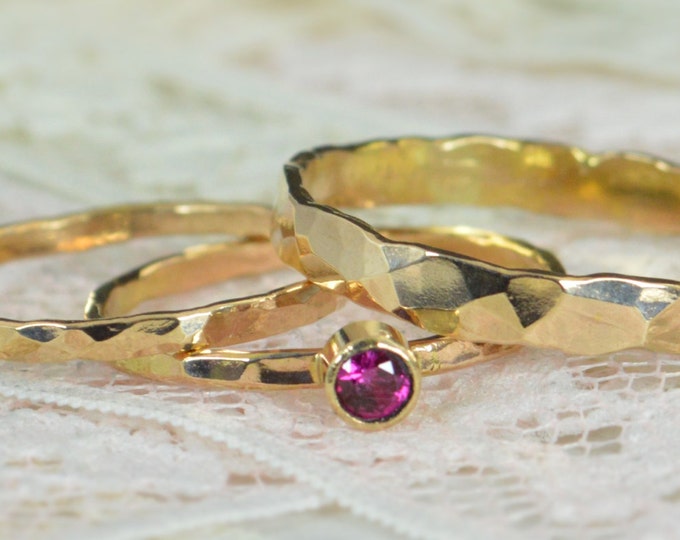 Ruby Engagement Ring, 14k Gold, Ruby Wedding Ring Set, Rustic Wedding Ring Set, July's Birthstone, Solid 14k Ruby Ring