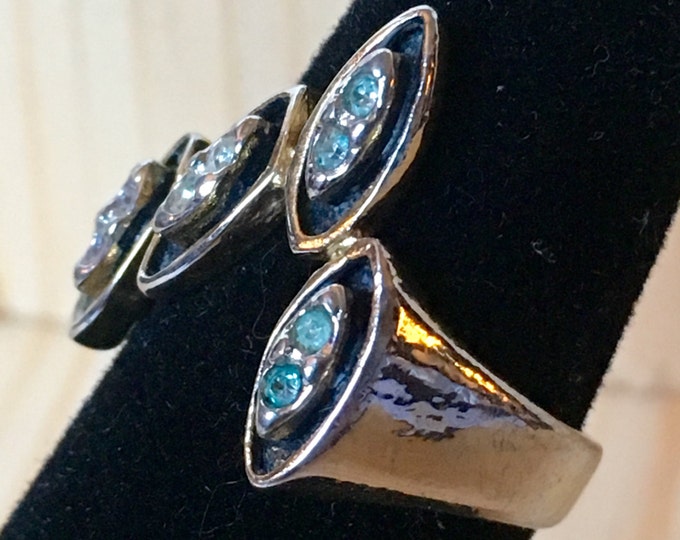 Storewide 25% Off SALE Vintage 14k Gold Electroplate Baby Blue Rhinestone Cocktail Ring Featuring Artistic Modern Design Storewide 25% Off SALE Vintage 14k Gold Electroplate Baby Blue Rhinestone Cocktail Ring Featuring Artistic Modern Design