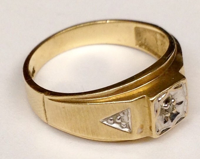 Storewide 25% Off SALE Vintage Heavy 10k Solid Gold Men's Diamond Wedding Ring Featuring Triangular Platinum Baguette Design