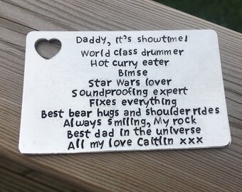 Handstamped Aluminum Personalised wallet card, insert. Keepsake Gift for men, christmas, father of the bride, dad, daddy, grandad.