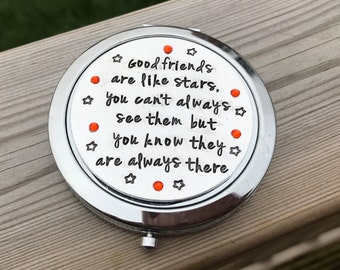 Hand stamped compact mirrors personalised with your own wording and crystals. Great gift for bridesmaids, flower girls, christmas gift