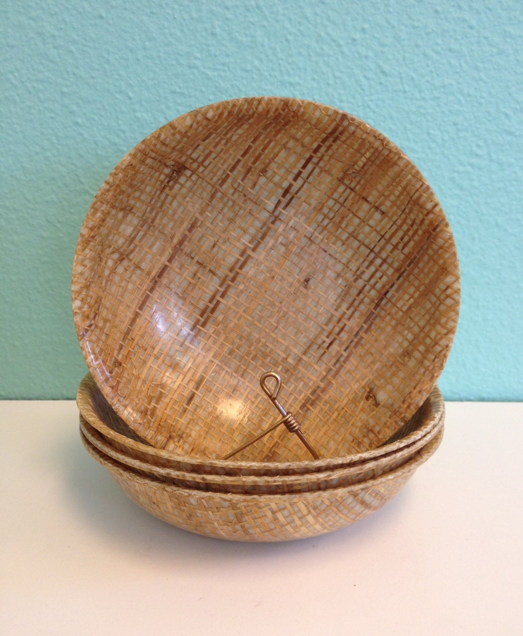 RESERVED for Julie Vintage Raffiaware Bowls Raffia Bowl Set