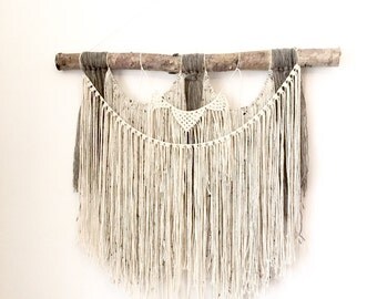 XL Macrame wall hanging on thick birch. Wall hanging, wool, cotton on birch. 35" x 35" (89cm x 89cm) #77