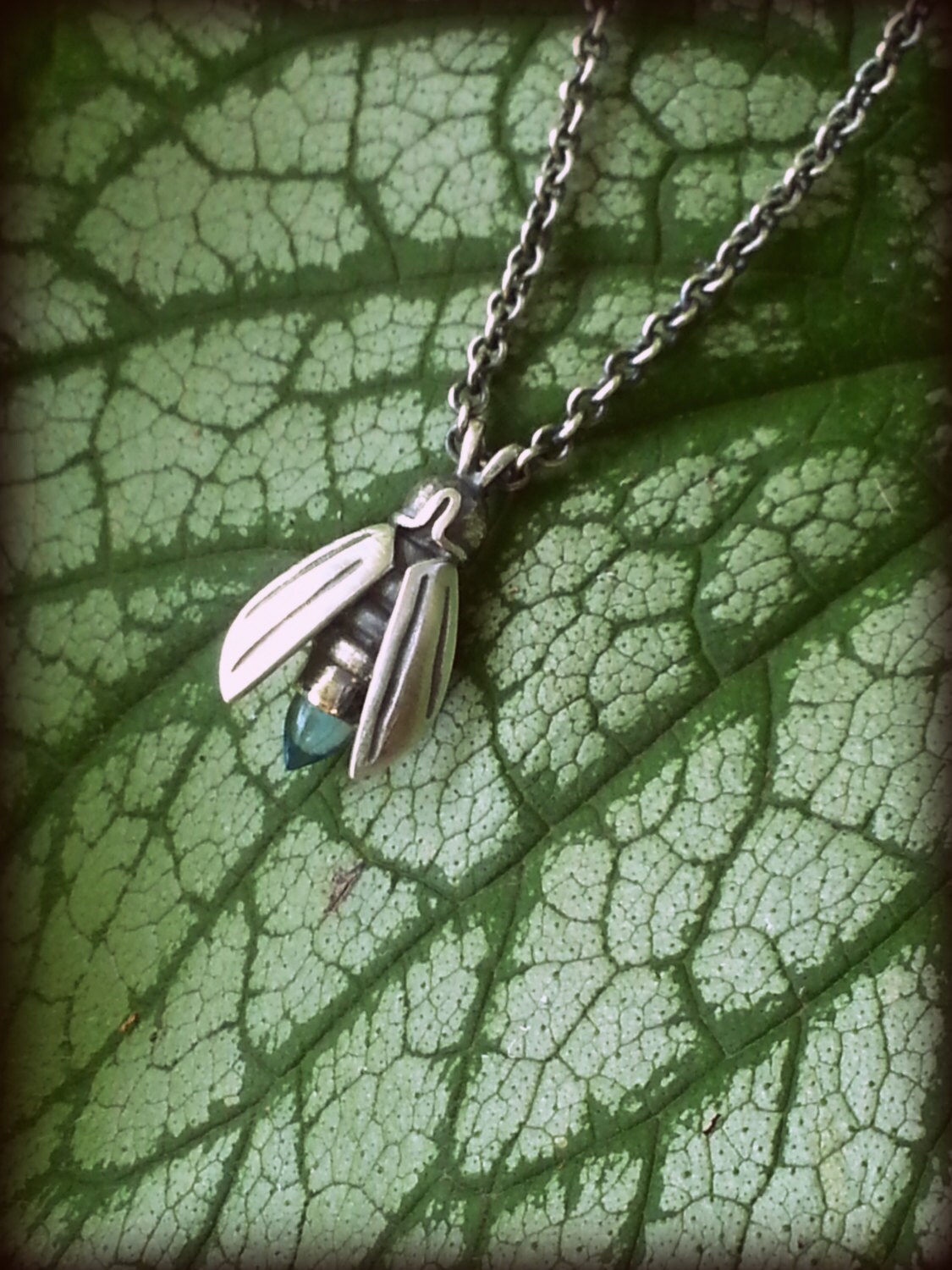 Blue Ghost Firefly Pendant with highdome CabochonSterling