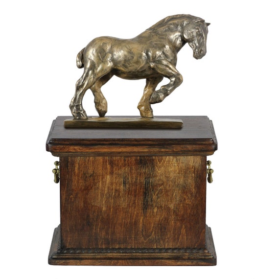 Urn for horse ashes with a standing statue Belgian horse