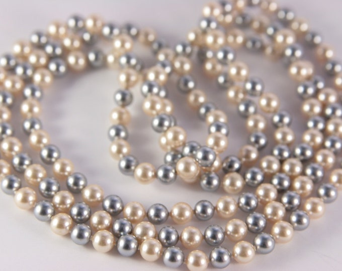 Grey White Pearls Necklace Long Two Tone Ivory Silver Grey Pearl Beads