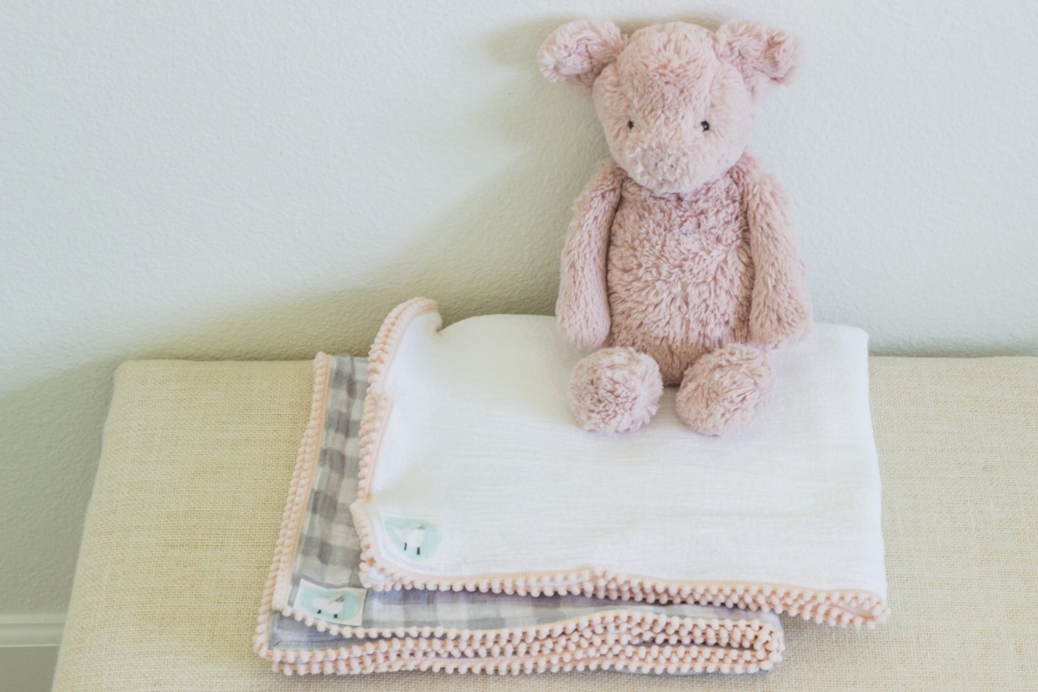 Blush Pink Pom Pom Swaddle Blanket White with Light Pink