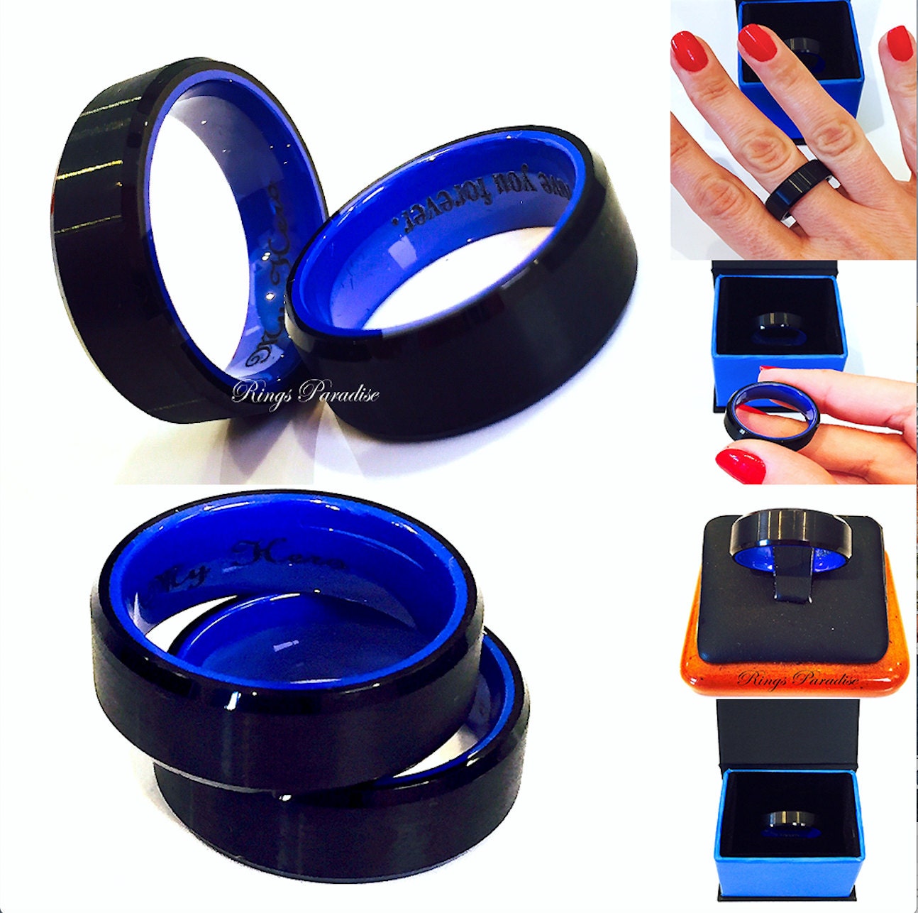 Tungsten Wedding Bands Men Engagement Ring Black & Blue Mens