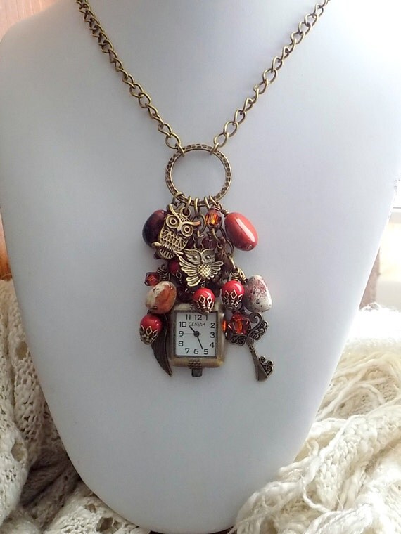 Steampunk Clock Necklace Owl Necklace By Linda of Treasures of Jewels