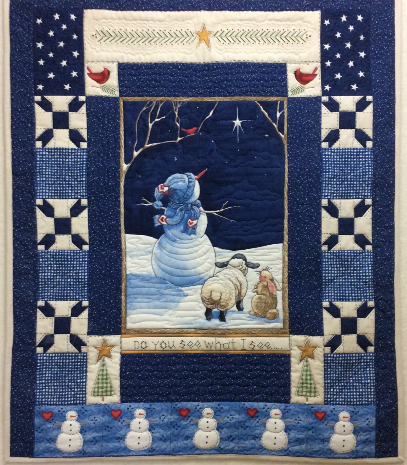 Quilted Christmas wall hanging winter holiday quilt navy blue