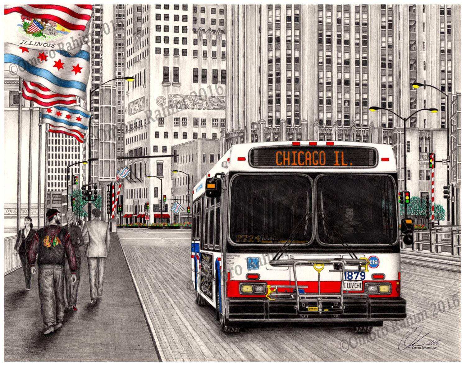 Chicago CTA Bus drawing direct from artist 18x24 inch print