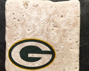 Green Bay Packers Coasters ~ Set of 4 Stone Coasters ~Coasters ~ Natural Stone Tile Coasters ~ Football Coasters