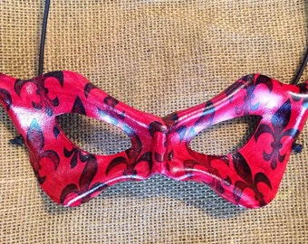 Handmade Leather Mask: Horned Mask, Dark Red w/ Fleur de Lis Stamping
