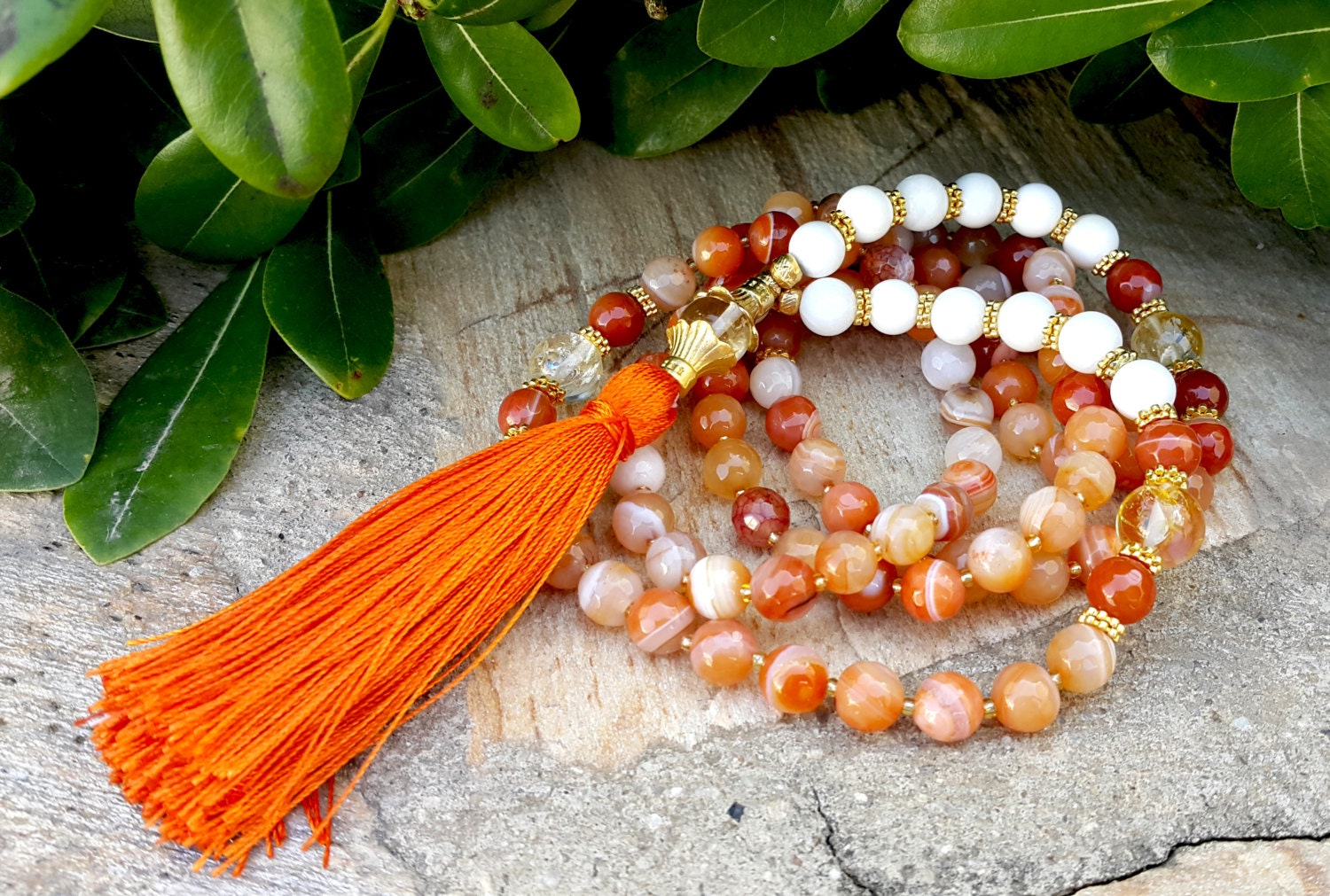 Buddhist Prayer Beads 108 Mala Tassel Necklace Orange