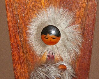 1972 Soviet Russian Wood Fur Figurine Wall Plaque