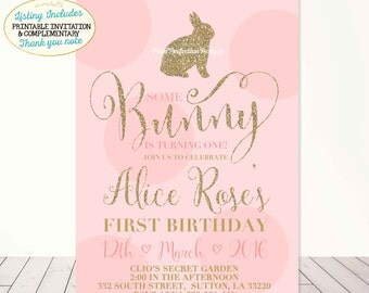 Bunny Birthday Invitation Gold and Pink Birthday Invitation Easter Birthday Invitation Bunny Birthday Bunny Party FREE THANK YOU card