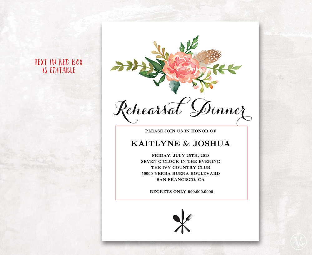 Printable Rehearsal Dinner Invitation Card Template Floral