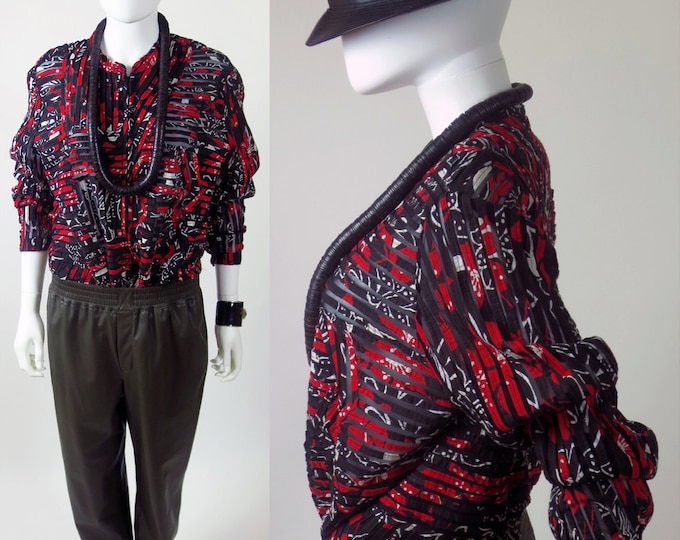 80s graphic tribal printed geometric cotton embroidered mesh zip front top