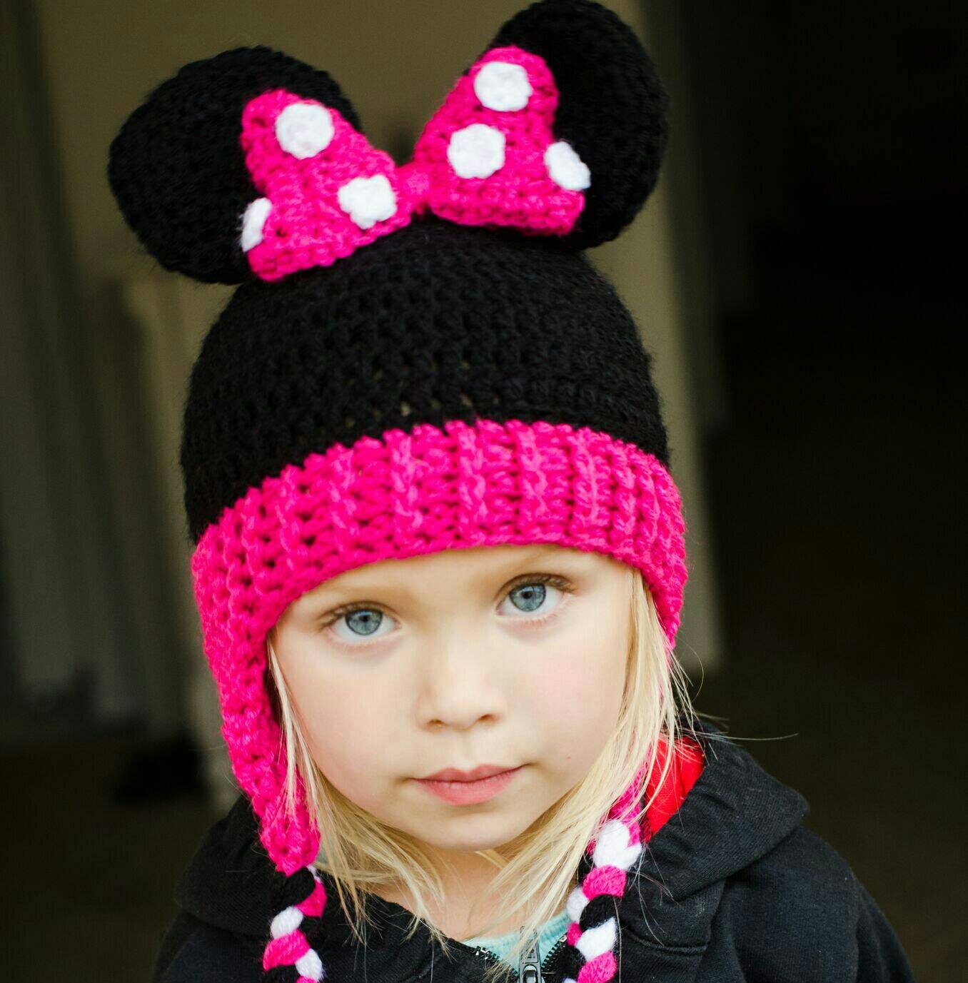 Minnie Mouse Crocheted Beanie with Earflaps braids and large