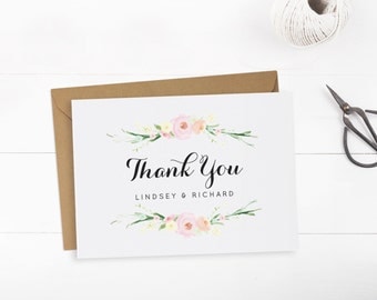 Printable wedding thank you card template, Editable text and color, Floral thank you card, INSTANT DOWNLOAD, Edit in Word or Pages