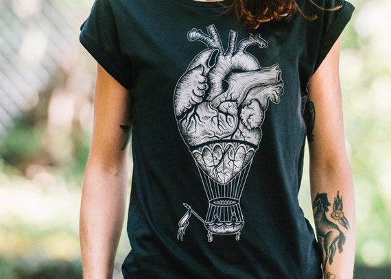 women's tshirt, Anatomical heart shirt, hot air balloon t-shirt, steampunk clothing, alternative clothing, medical oddities, girlfriend gift by hardtimesdesign steampunk buy now online