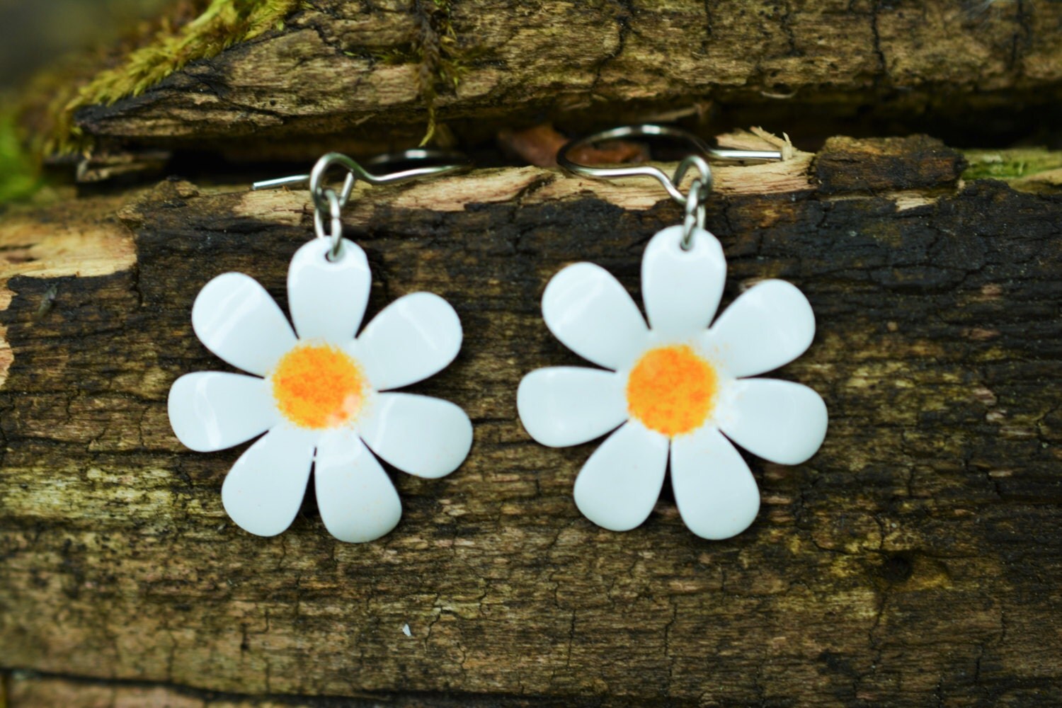 Daisy Flower Earrings Enameled Metal Stainless Steel